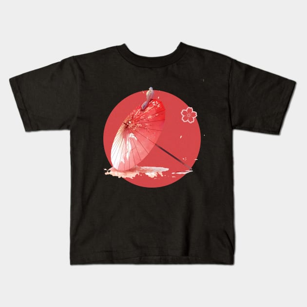 Japanese Artwork, Red Moon With Japanese umbrella Kids T-Shirt by ArkiLart Design